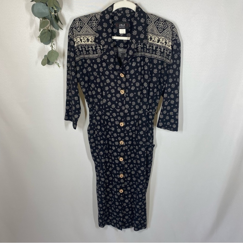 JSJ Petites | Vintage Dress Floral 3/4 Sleeves Black Button Up Size 5/6